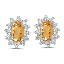  14k White Gold Oval Citrine And Diamond Earrings