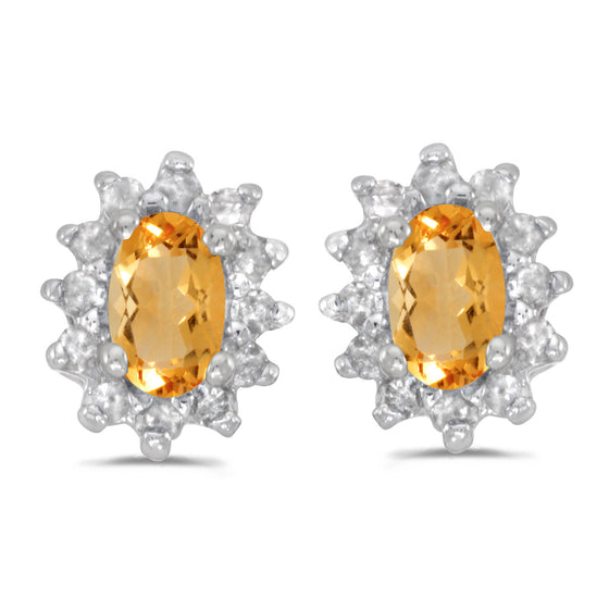 14k White Gold Oval Citrine And Diamond Earrings