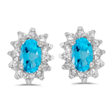  14k White Gold Oval Blue Topaz And Diamond Earrings