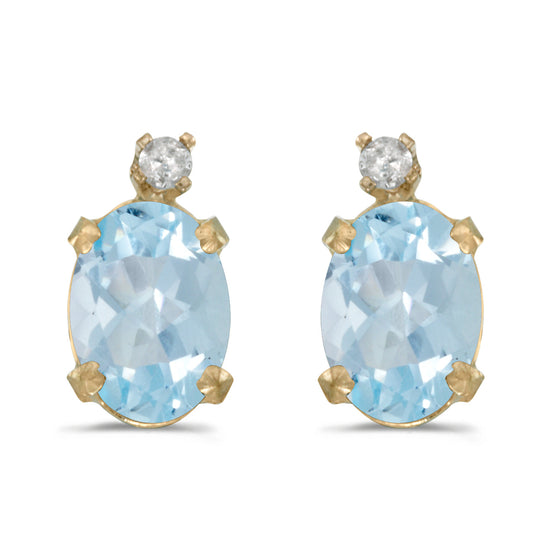 14k Yellow Gold Oval Aquamarine And Diamond Earrings