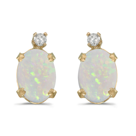 14k Yellow Gold Oval Opal And Diamond Earrings