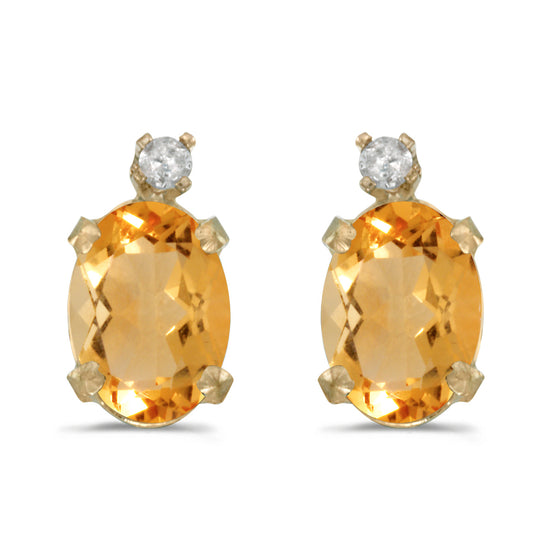 14k Yellow Gold Oval Citrine And Diamond Earrings