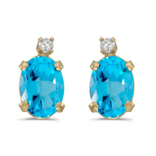  14k Yellow Gold Oval Blue Topaz And Diamond Earrings