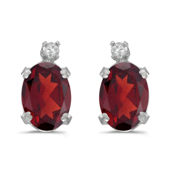 14k White Gold Oval Garnet And Diamond Earrings