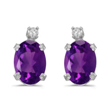  14k White Gold Oval Amethyst And Diamond Earrings