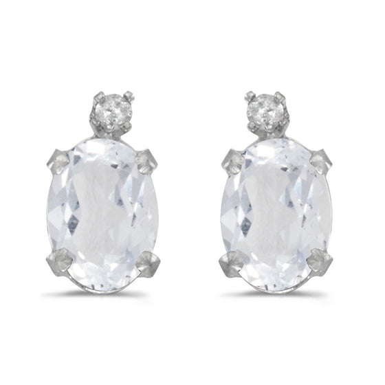 14k White Gold Oval White Topaz And Diamond Earrings