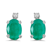  14k White Gold Oval Emerald And Diamond Earrings