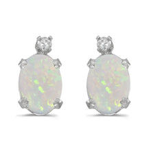 14k White Gold Oval Opal And Diamond Earrings