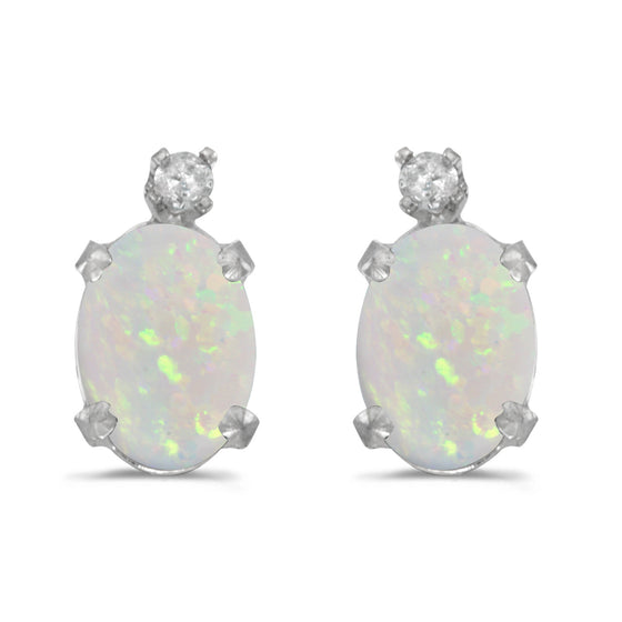 14k White Gold Oval Opal And Diamond Earrings