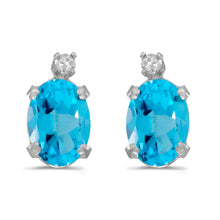  14k White Gold Oval Blue Topaz And Diamond Earrings