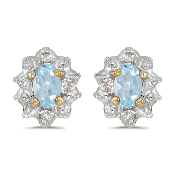 14k Yellow Gold Oval Aquamarine And Diamond Earrings