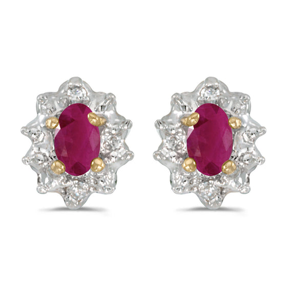14k Yellow Gold Oval Ruby And Diamond Earrings