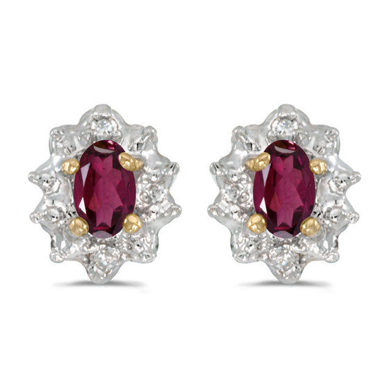 14k Yellow Gold Oval Rhodolite Garnet And Diamond Earrings