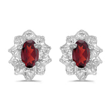  14k White Gold Oval Garnet And Diamond Earrings