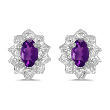 14k White Gold Oval Amethyst And Diamond Earrings