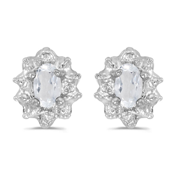 14k White Gold Oval White Topaz And Diamond Earrings