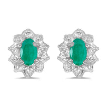  14k White Gold Oval Emerald And Diamond Earrings