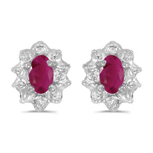  14k White Gold Oval Ruby And Diamond Earrings