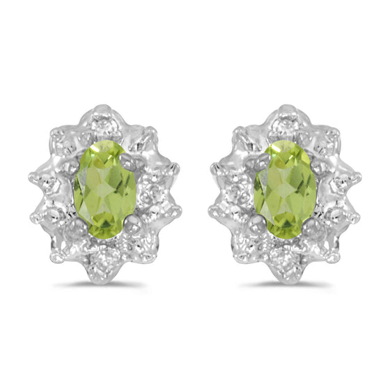14k White Gold Oval Peridot And Diamond Earrings