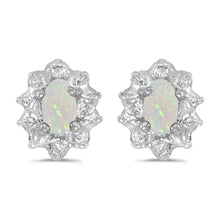  14k White Gold Oval Opal And Diamond Earrings