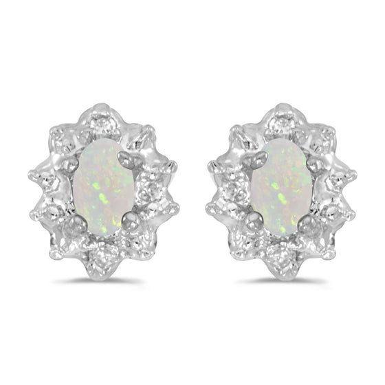 14k White Gold Oval Opal And Diamond Earrings
