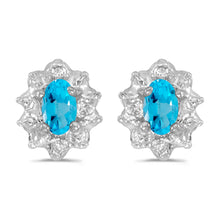  14k White Gold Oval Blue Topaz And Diamond Earrings