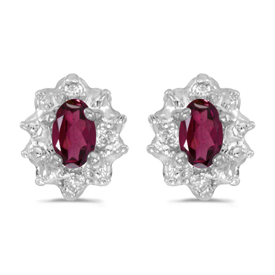 14k White Gold Oval Rhodolite Garnet And Diamond Earrings
