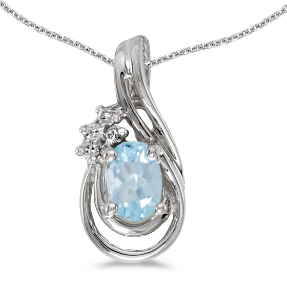 14k White Gold Oval Aquamarine And Diamond Teardrop Pendant