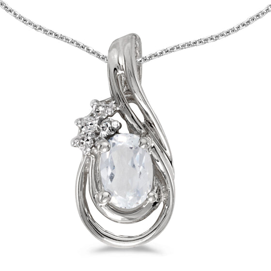 14k White Gold Oval White Topaz And Diamond Teardrop Pendant