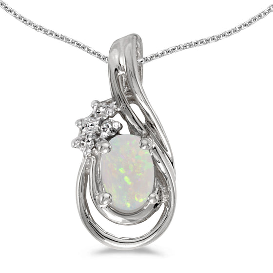 14k White Gold Oval Opal And Diamond Teardrop Pendant