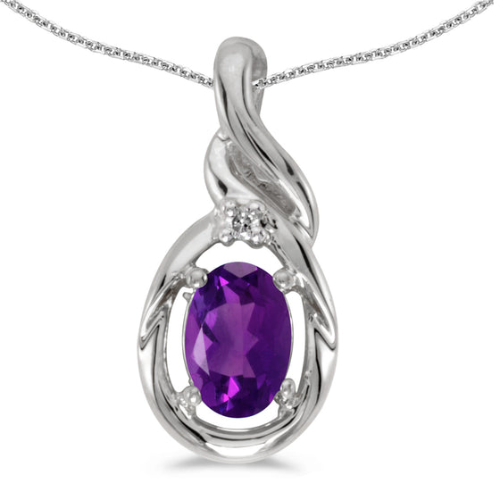 14k White Gold Oval Amethyst And Diamond Pendant