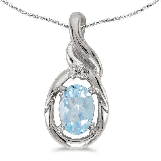 14k White Gold Oval Aquamarine And Diamond Pendant