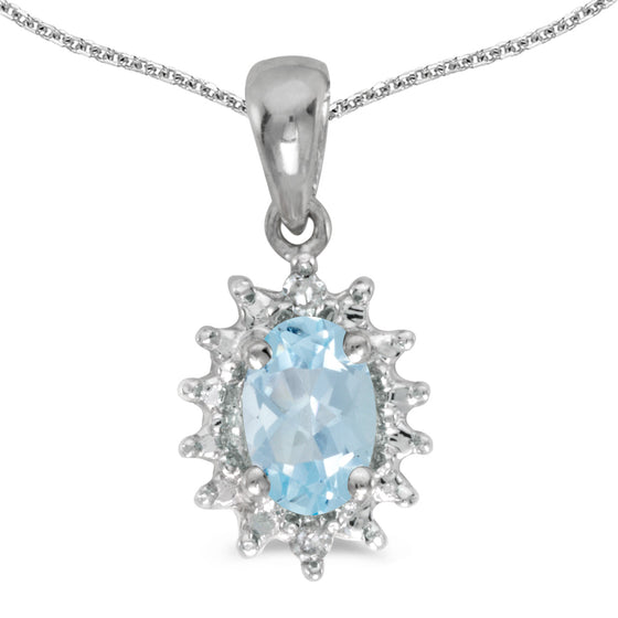 14k White Gold Oval Aquamarine And Diamond Pendant