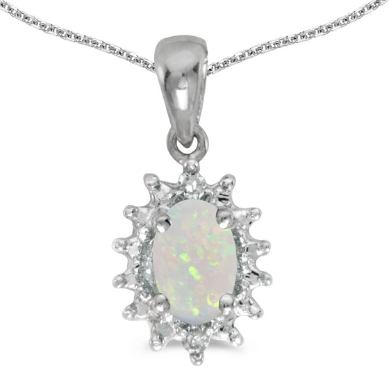 14k White Gold Oval Opal And Diamond Pendant