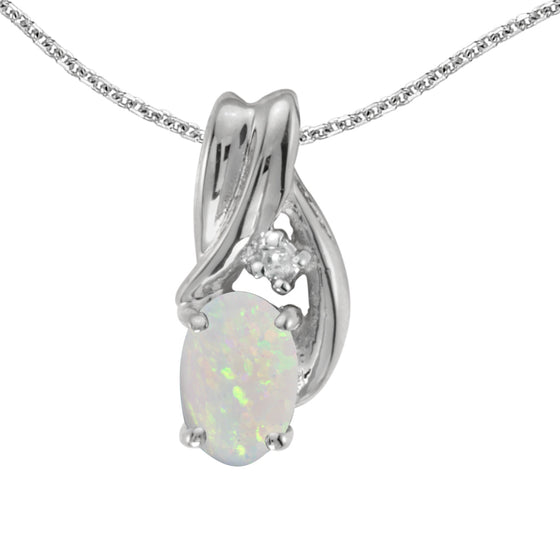 14k White Gold Oval Opal And Diamond Pendant