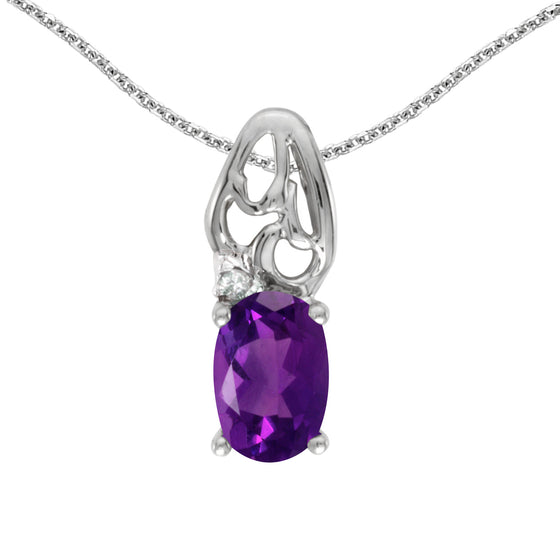 14k White Gold Oval Amethyst And Diamond Pendant