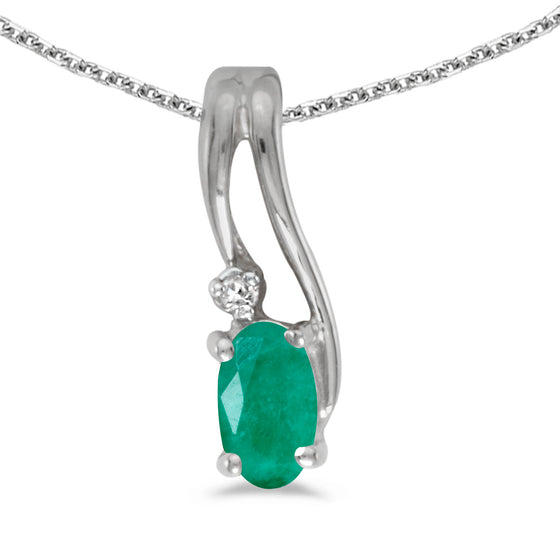 14k White Gold Oval Emerald And Diamond Wave Pendant