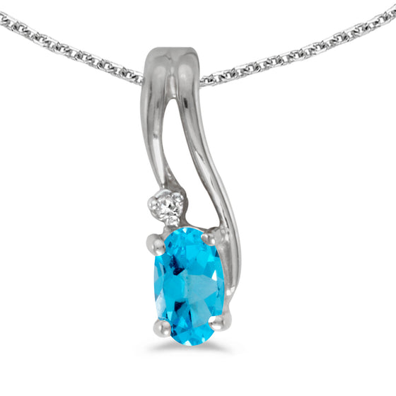 14k White Gold Oval Blue Topaz And Diamond Wave Pendant