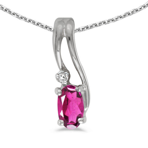 14k White Gold Oval Pink Topaz And Diamond Wave Pendant