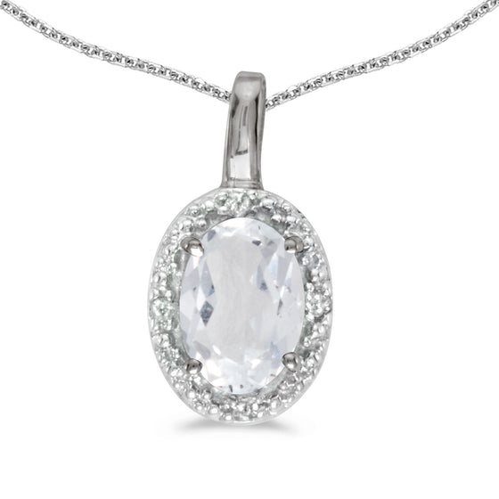 14k White Gold Oval White Topaz And Diamond Pendant