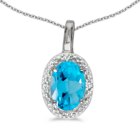 14k White Gold Oval Blue Topaz And Diamond Pendant