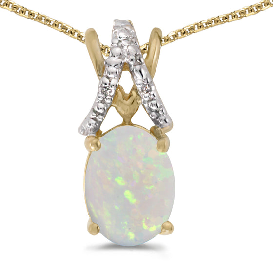 14k Yellow Gold Oval Opal And Diamond Pendant