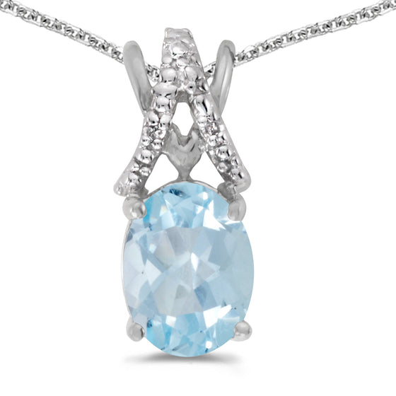 14k White Gold Oval Aquamarine And Diamond Pendant