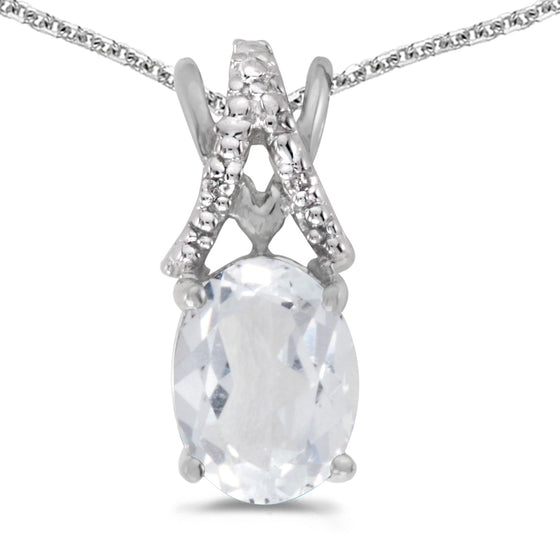14k White Gold Oval White Topaz And Diamond Pendant