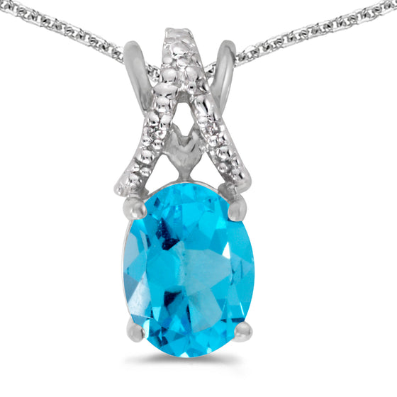 14k White Gold Oval Blue Topaz And Diamond Pendant