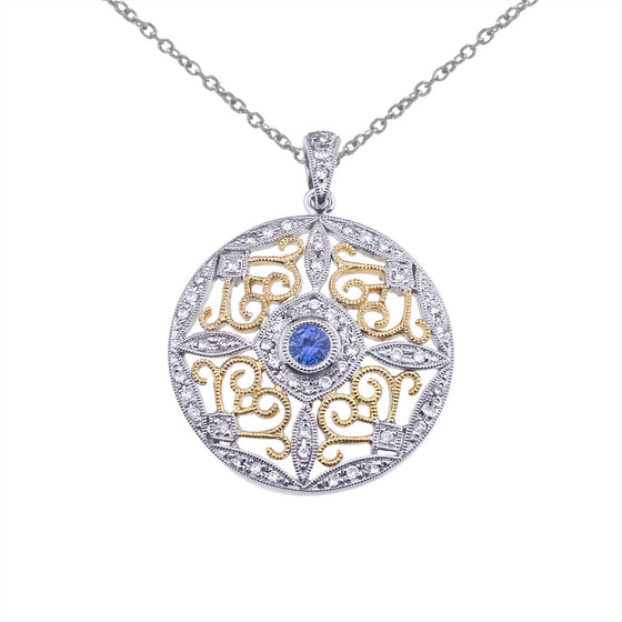 14K Two Tone White and Yellow Gold Precious Round Sapphire and Diamond Filigree