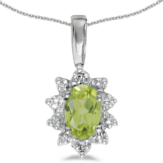 10k White Gold Oval Peridot And Diamond Pendant
