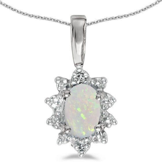 10k White Gold Oval Opal And Diamond Pendant