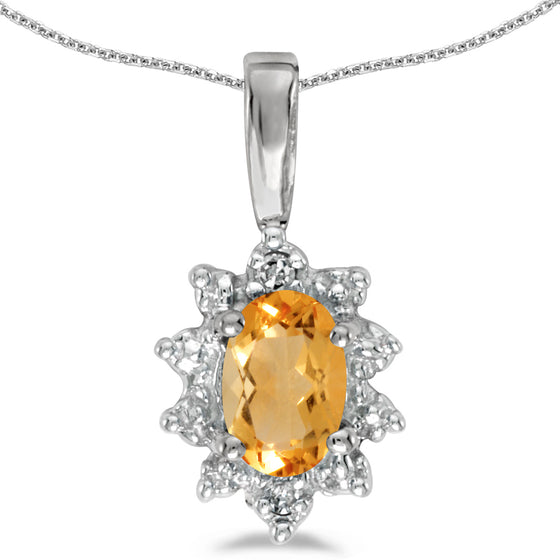 10k White Gold Oval Citrine And Diamond Pendant
