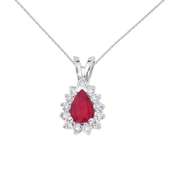 14K White Gold Pear Ruby and Diamond Pendant